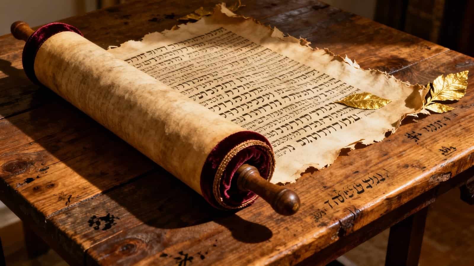 Ancient Hebrew scroll or Torah on wooden table, representing biblical scripture and sacred teachings, used in religious worship and study for Christian and Jewish faiths.