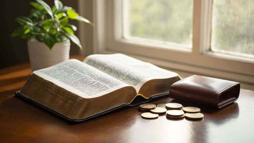 Open Bible on wooden table near window with coins and wallet, emphasizing Christian faith, prayer, and worship, ideal for Bible-based song content, spiritual reflection, and religious inspiration.