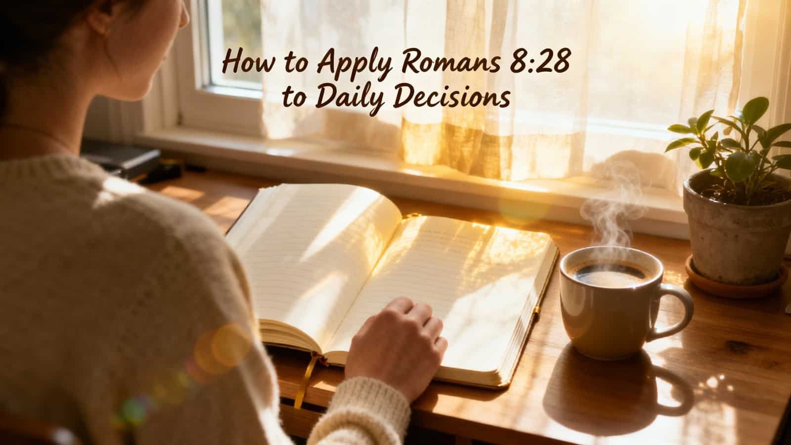 Bible study by the window, open journal, steaming coffee, and potted plant with sunlight, illustrating how to apply Romans 8:28 to daily decisions and spiritual growth.