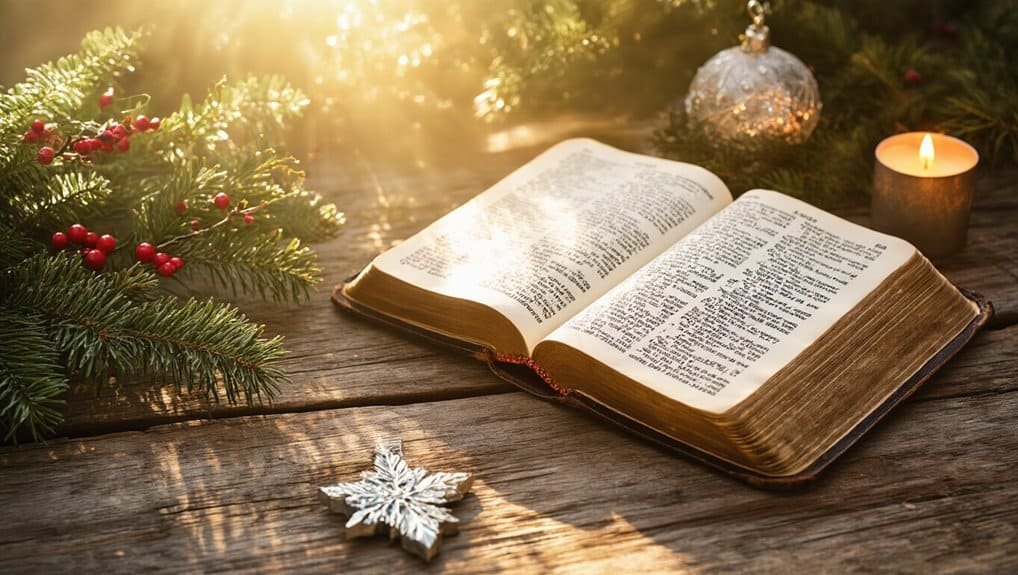 Open Bible on rustic wooden table with Christmas decorations, candle, and pine branches, symbolizing faith and celebration during the holiday season for Christian worship and Bible learning.