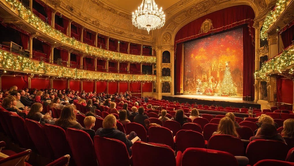 Bright Christmas-themed stage with a decorated tree, surrounded by an ornate theater hall filled with an audience enjoying a festive musical performance, capturing holiday joy and worship.