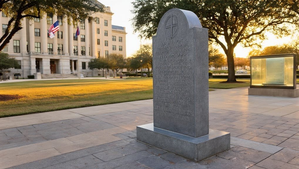 Respectful historical monument with engraved inscription and cross, located outdoors on a paved area near a government building at sunset.