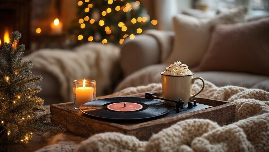 Relaxing Christmas Music for a Calm, Cozy Holiday My Bible Song 2026 Gentle Christmas scene with a vinyl record player, lit candle, mug of whipped cream-topped hot chocolate, cozy blanket, and decorated Christmas tree creating a warm holiday atmosphere for My Bible Song.