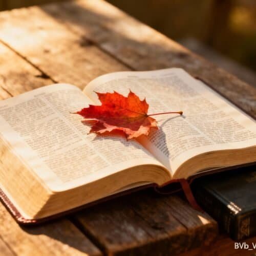 Autumn leaf resting on an open Bible on a rustic wooden table, symbolizing faith and spirituality. Perfect for Christian worship, Bible study, and spiritual reflection.