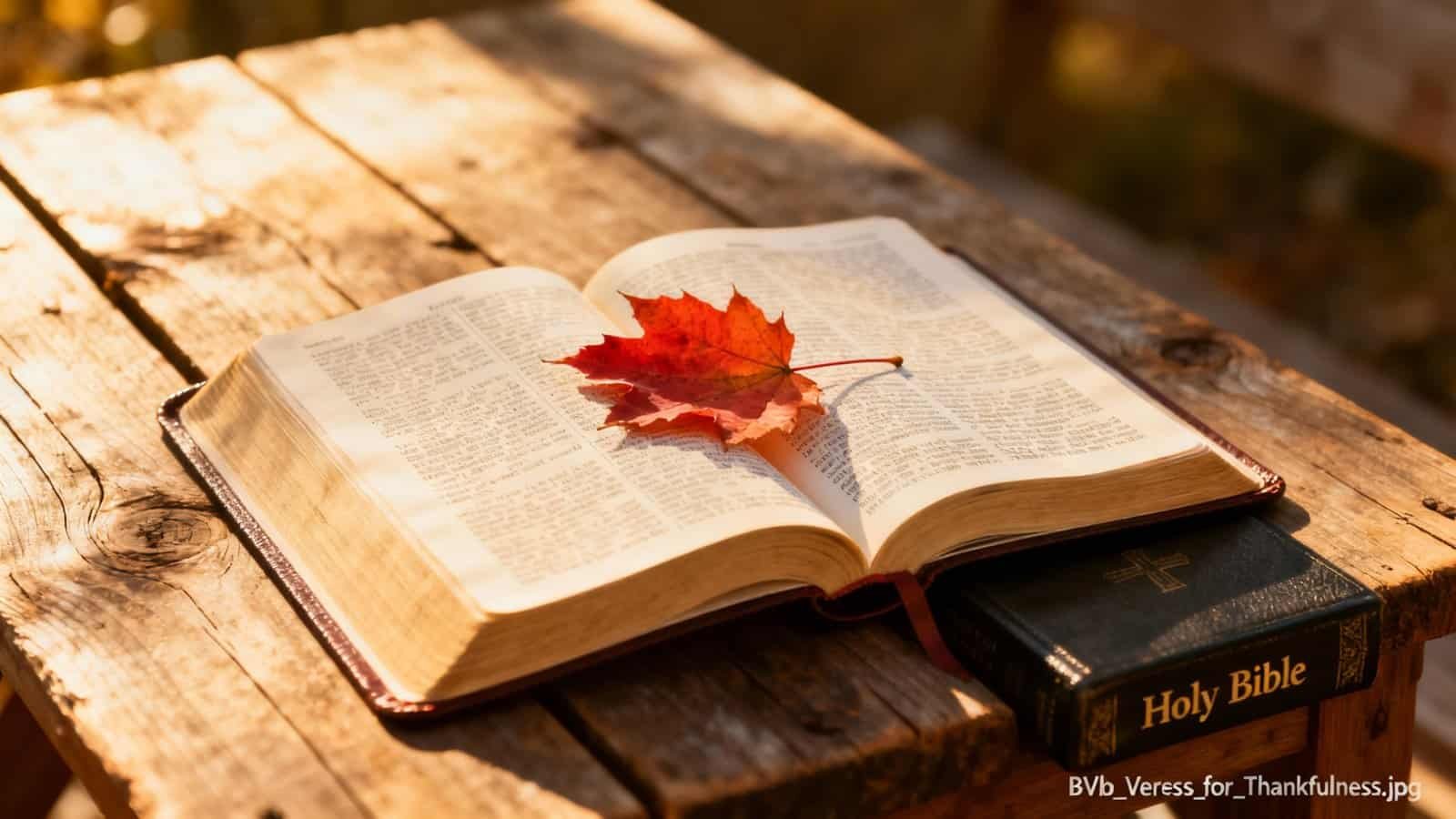 Autumn leaf resting on an open Bible on a rustic wooden table, symbolizing faith and spirituality. Perfect for Christian worship, Bible study, and spiritual reflection.