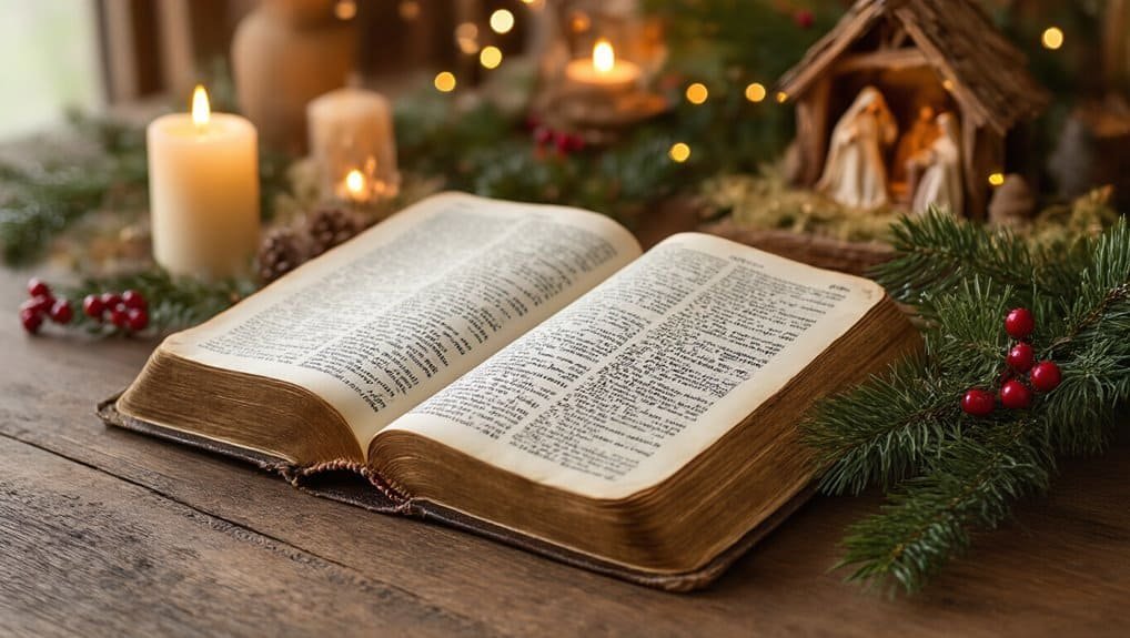 Open Bible on wooden table with Christmas decorations, candles, nativity scene, and greenery, creating a warm, festive atmosphere for biblical inspiration and spiritual reflection.