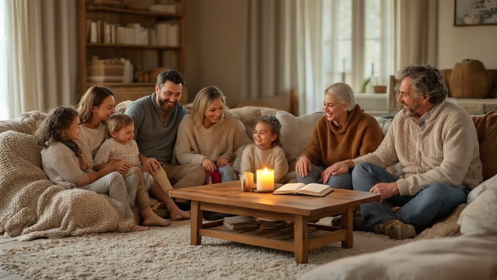 Family enjoying Bible singing and prayer session at home for faith and spiritual growth.