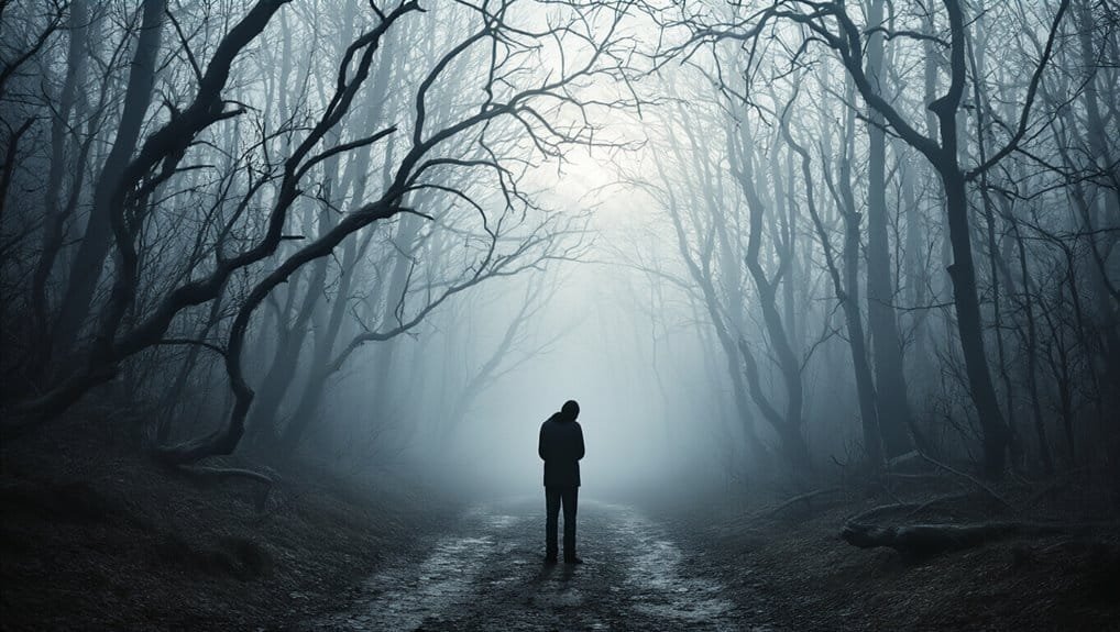 12 Bible Verses for Faith in Hard Times My Bible Song 2026 Somber man walking alone through a misty, dark forest with leafless trees, creating a reflective and spiritual atmosphere, perfect for contemplative prayer and Bible reflection.