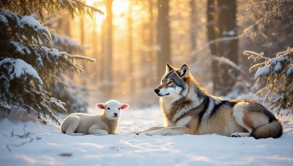 A peaceful winter scene featuring a Siberian Husky and a lamb resting together in a snow-covered forest during sunset, symbolizing harmony and nature’s serenity.