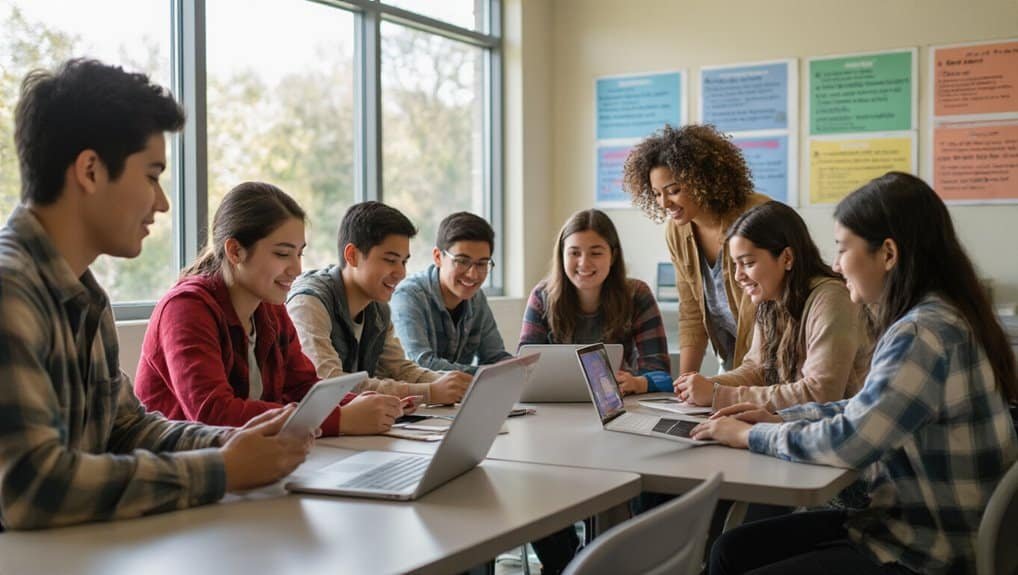 Classroom of diverse students engaging with My Bible Song, using tablets and laptops to learn biblical values and spiritual songs, fostering faith-based education and positive moral development.