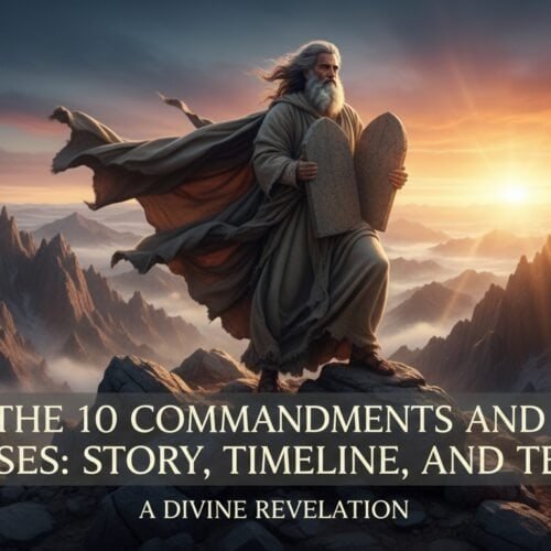 Ancient biblical scene of Moses holding tablets with commandments, mountains, and sunrise, symbolizing divine revelation and biblical teachings from the Bible.
