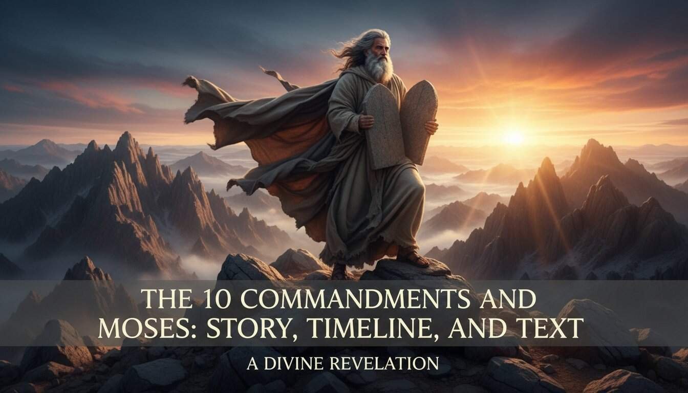 Ancient biblical scene of Moses holding tablets with commandments, mountains, and sunrise, symbolizing divine revelation and biblical teachings from the Bible.