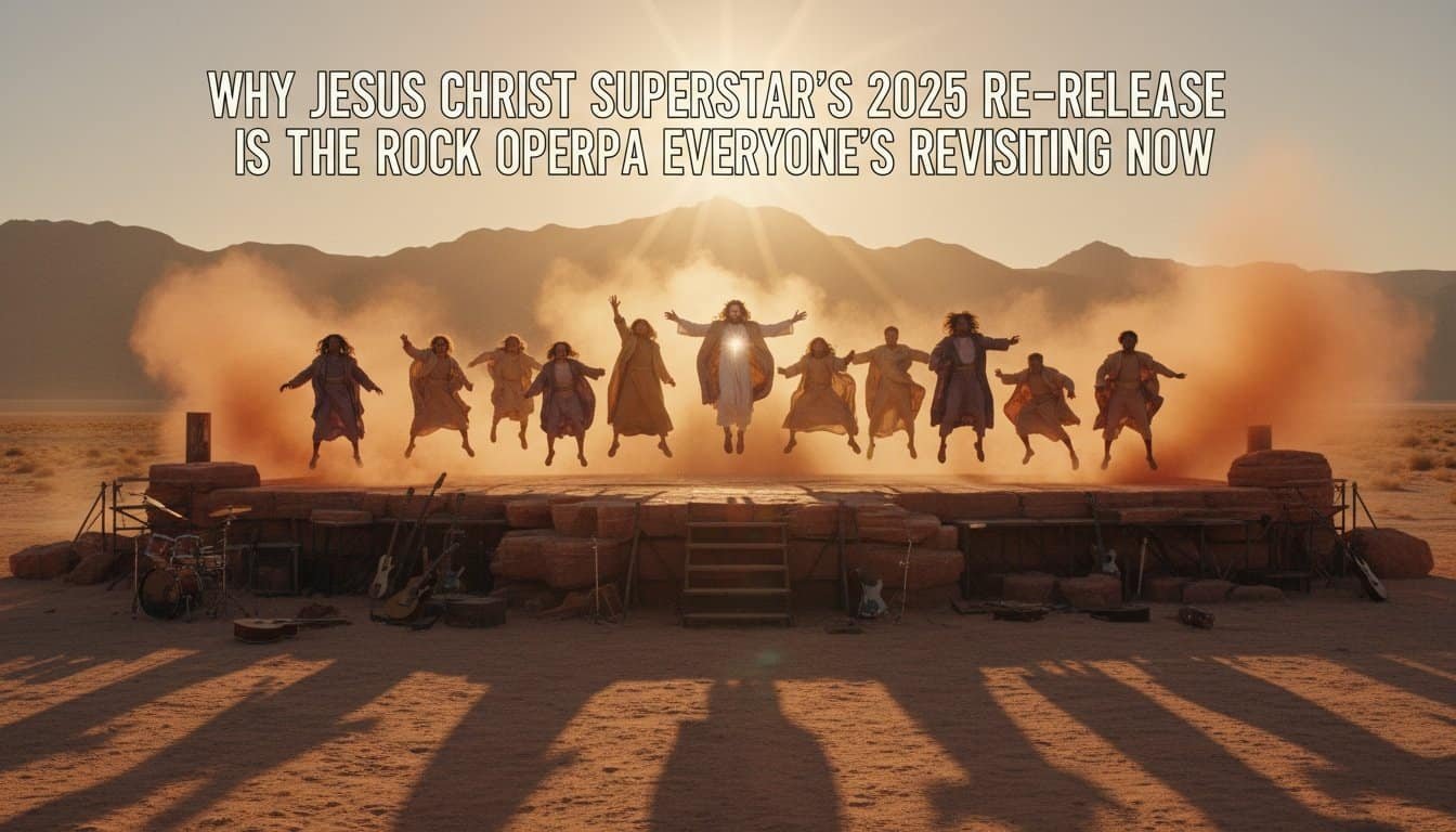 A vibrant image of a live Christian worship session in the desert featuring Jesus Christ's image, with a band setup and musical instruments, demonstrating faith, worship, and gospel music appeal for religious audiences and church events.