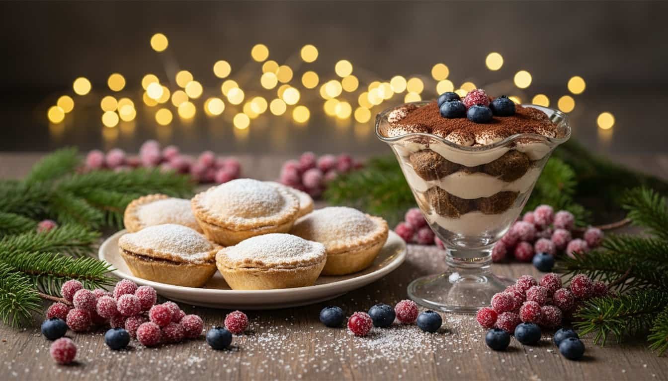 Delicious holiday treats featuring powdered sugar cookies and a layered berry parfait with blueberries and raspberries, perfect for festive Christmas celebrations.