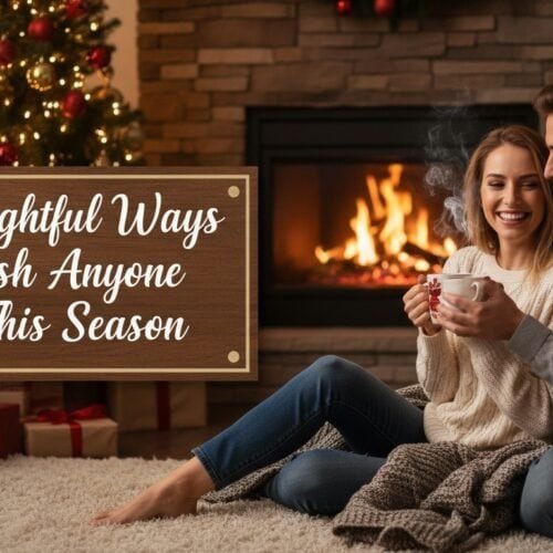 Cozy holiday scene with a couple enjoying coffee in front of a warm fireplace and Christmas tree, capturing the joyful spirit of the season.