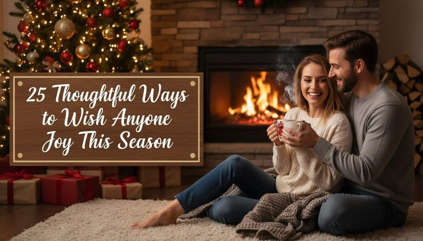 Cozy holiday scene with a couple enjoying coffee in front of a warm fireplace and Christmas tree, capturing the joyful spirit of the season.