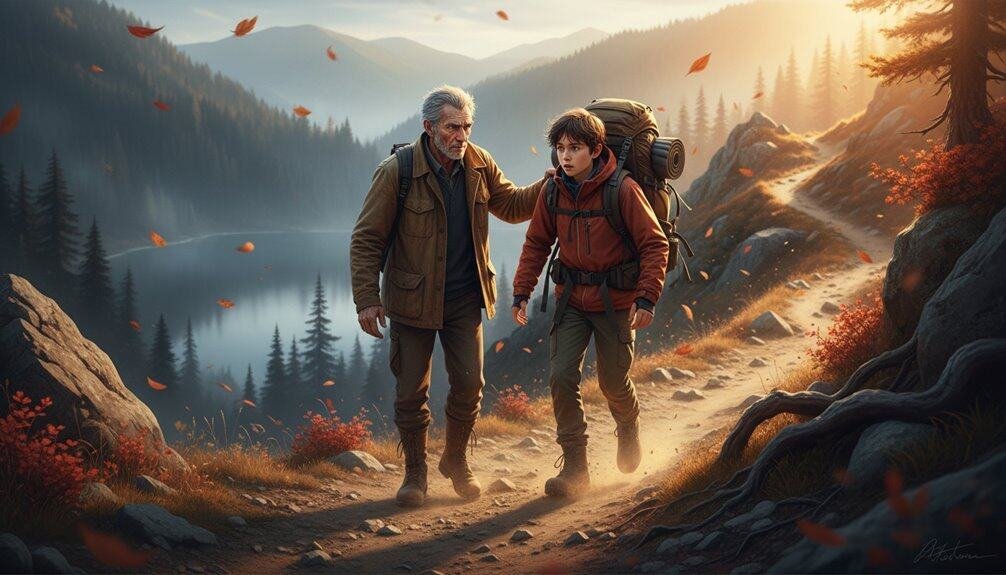 Older man guiding young boy on hiking trail through scenic mountain landscape with autumn leaves.
