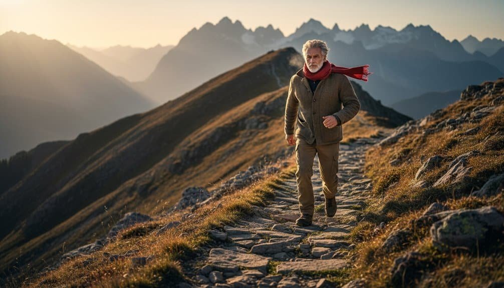 Senior man hiking along mountain trail at sunrise, symbolizing faith and hope in life’s spiritual journey.