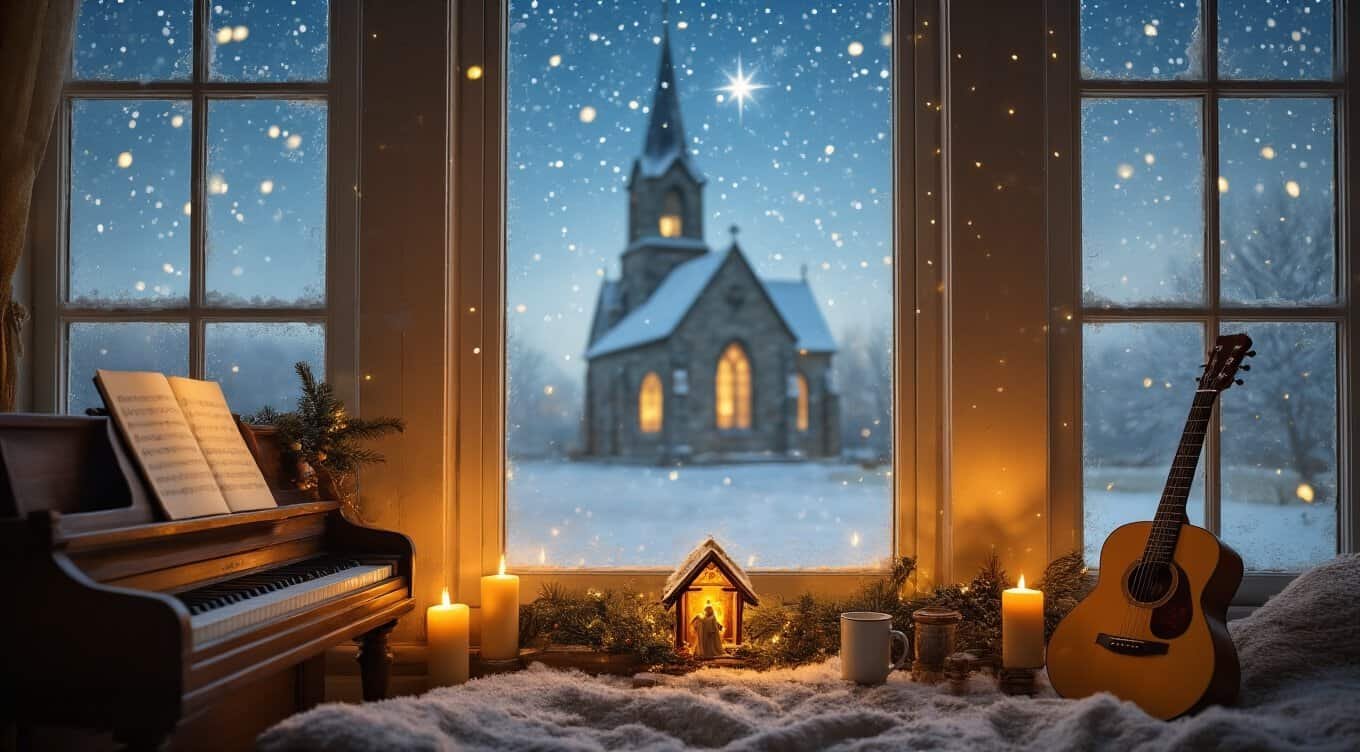 Softly illuminated Christmas scene with a piano, guitar, candles, nativity, and snow outside a church, creating a cozy, festive atmosphere for worship and spiritual reflection during the holiday season.