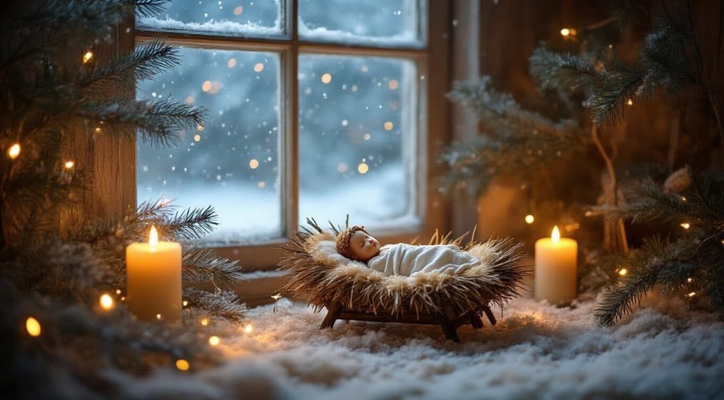 Soft-lit Christmas scene with a baby doll peacefully sleeping in a cozy wooden cradle amid snow, candles, and pine branches, perfect for holiday and biblical theme SEO.