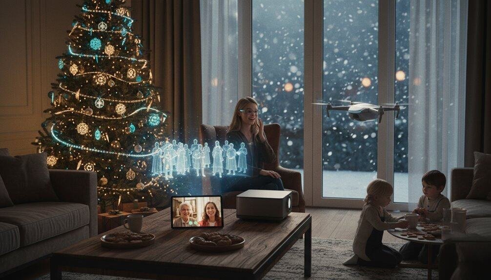 High-tech family enjoying virtual Christmas caroling with a drone, hologram singers, and online video call, capturing festive holiday spirit indoors.