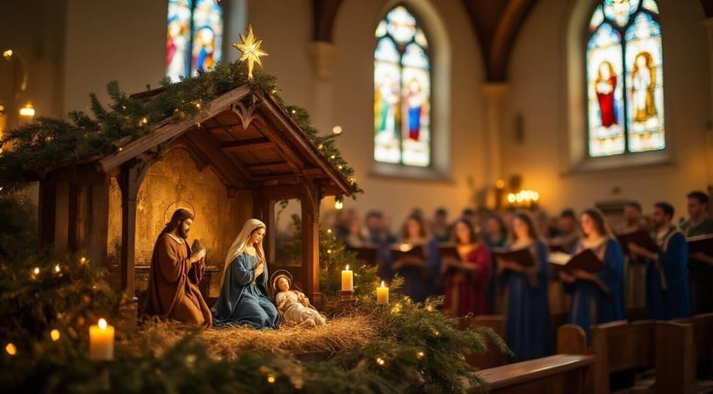 1. Nativity scene with Mary, Joseph, and baby Jesus in a church during Christmas with choir singing in background and stained glass windows.