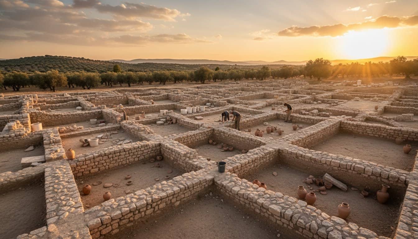 Discover biblical history at this ancient archaeological site with stone foundations and pottery, highlighting biblical-era ruins at sunset.
