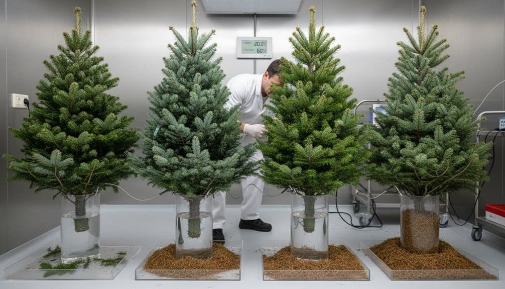 Which Christmas Tree Lasts Longest? Expert Test Reveals the Real Needle-Hold Champion My Bible Song 2026 Vibrant green Christmas trees displayed in glass containers, with a person inspecting them, showcasing quality and freshness in a professional setting.