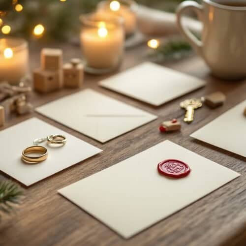 Elegant Christmas themed letter writing setup featuring candles, holiday decorations, and love coins for festive holiday correspondence.