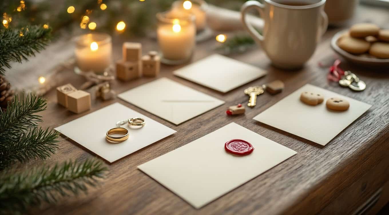 Elegant Christmas themed letter writing setup featuring candles, holiday decorations, and love coins for festive holiday correspondence.