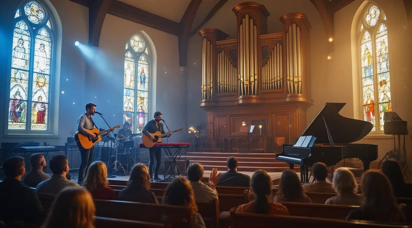 An uplifting church worship concert with live musicians playing guitars and piano during a religious service, surrounded by colorful stained glass windows, creating a spiritual and inspiring atmosphere.