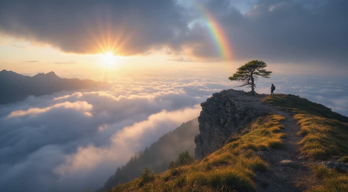 Beautiful mountain landscape with sunrise, rainbow, lone tree, and a hiker, symbolizing faith and spiritual journey. Perfect for promoting Christian worship and biblical song resources.