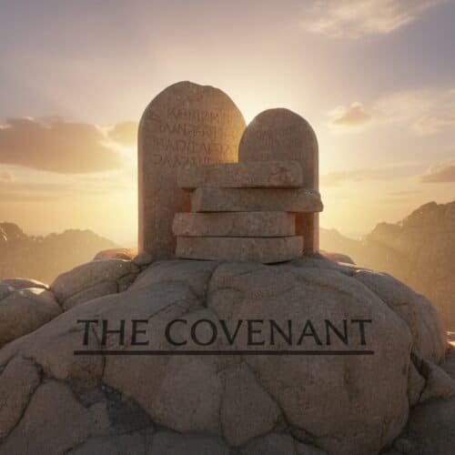 An iconic memorial stone engraved with "The Covenant" sits atop a rugged mountain, illuminated by warm sunset light, symbolizing divine promises in Christian faith.
