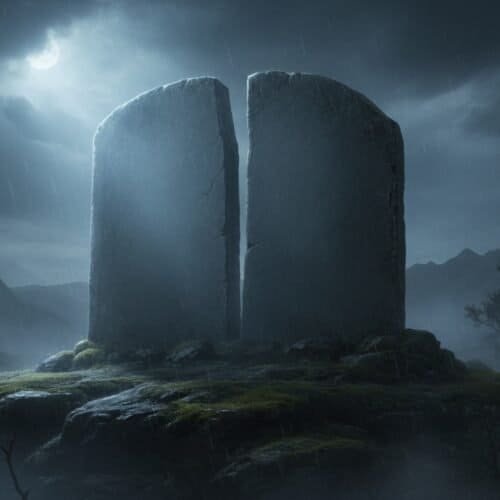 God's protection during stormy nights, symbolized by ancient standing stones under moonlight, emphasizing faith, divine strength, and spiritual resilience in challenging times.