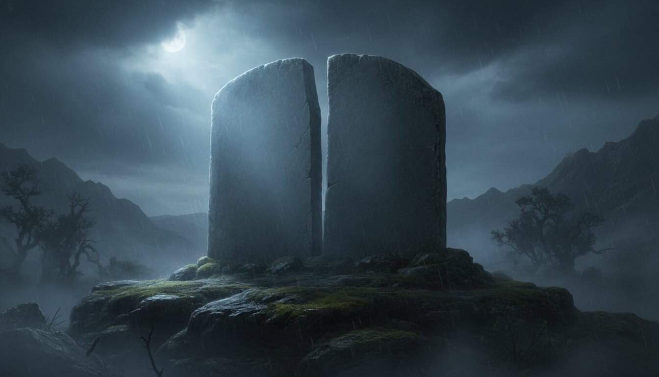 God's protection during stormy nights, symbolized by ancient standing stones under moonlight, emphasizing faith, divine strength, and spiritual resilience in challenging times.