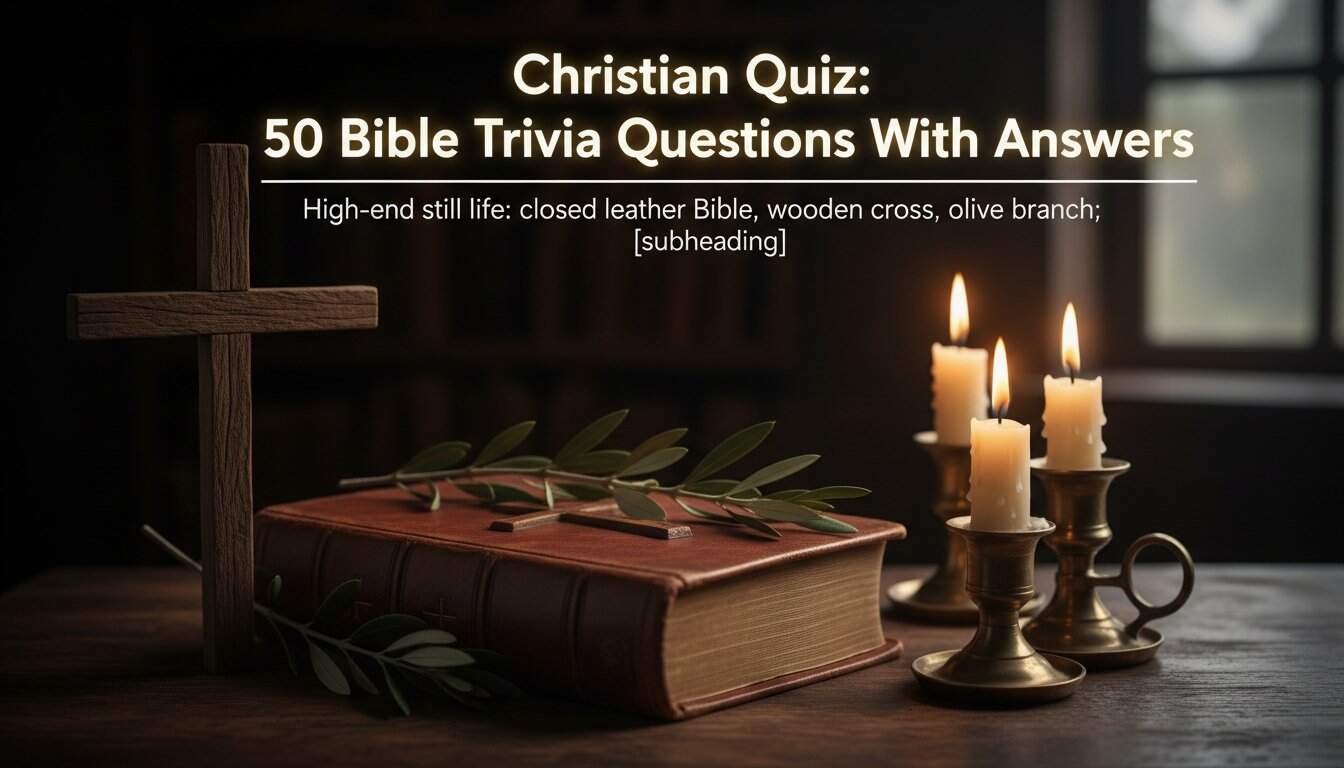 A close-up of a leather-bound Bible, lit candles, and a wooden cross on a dark wooden table, capturing a devotional Christian atmosphere.