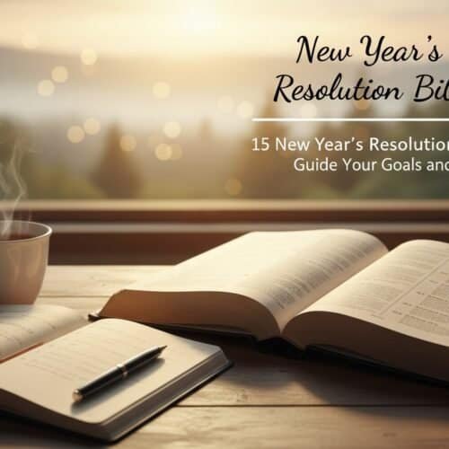 Peaceful morning scene with open Bible, notebook, pen, steaming coffee, by a window with soft sunlight, emphasizing Christian worship, faith, spiritual growth, and Bible study.