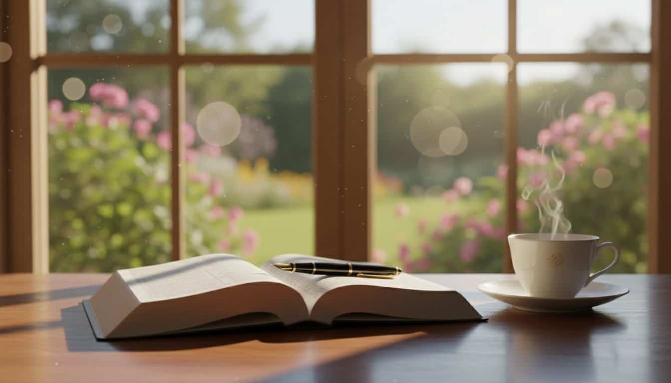 Bright morning with open Bible and steaming coffee by a sunlit window, inspiring peace and spiritual connection. Perfect setting for prayer, meditation, or worship through song.