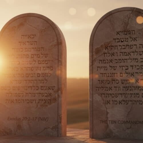 A serene sunrise illuminates two stone tablets inscribed with Bible verses and commandments, symbolizing God's laws and spiritual guidance, perfect for Christian devotion and religious education.
