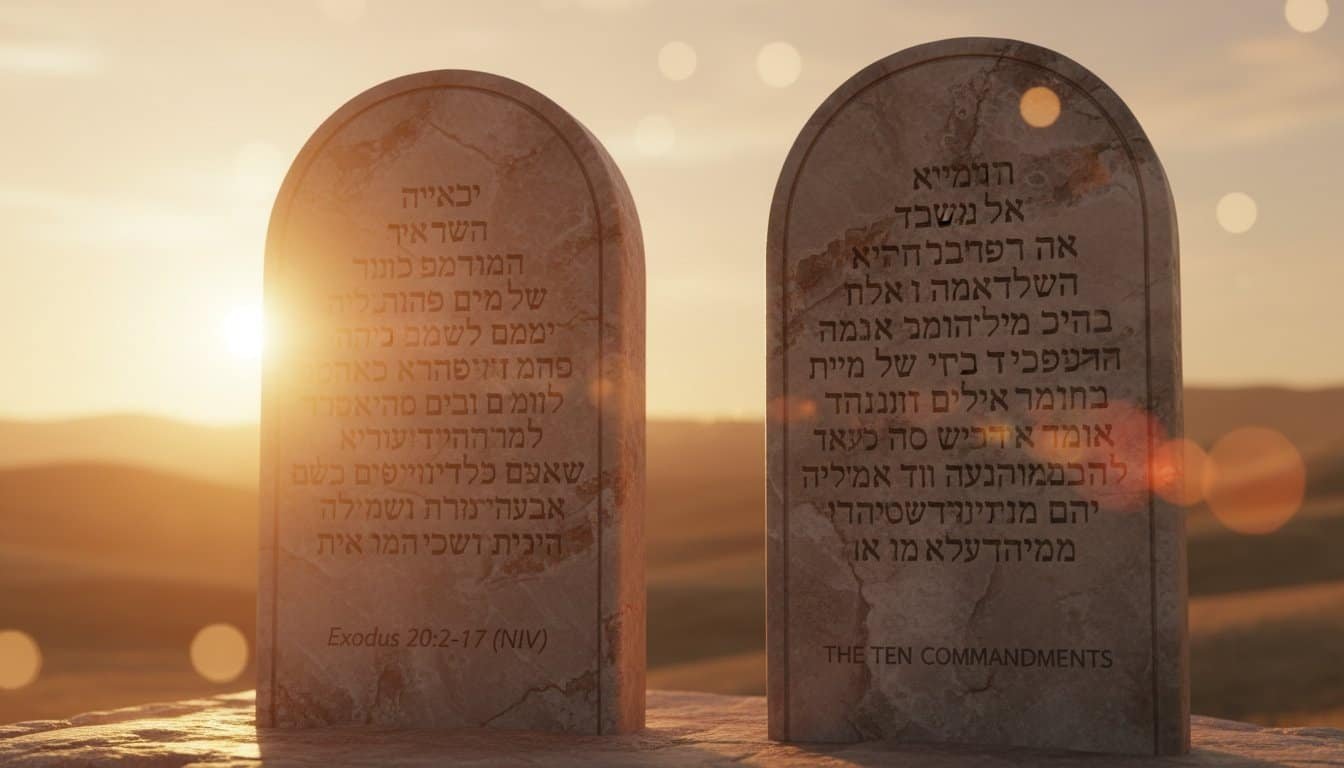 A serene sunrise illuminates two stone tablets inscribed with Bible verses and commandments, symbolizing God's laws and spiritual guidance, perfect for Christian devotion and religious education.