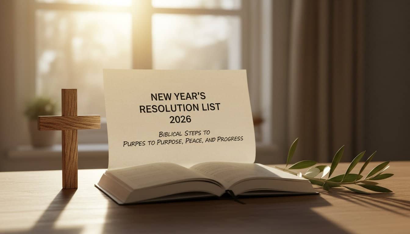 A wooden cross, open Bible with a resolution list for 2026 on a church or home table, sunlight streaming through windows, symbolizing faith and spiritual renewal.