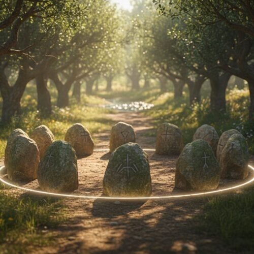 Nature-themed stone circle with biblical symbols in a peaceful, sunlit orchard.