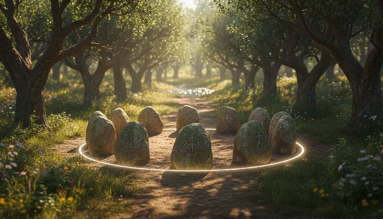 Nature-themed stone circle with biblical symbols in a peaceful, sunlit orchard.