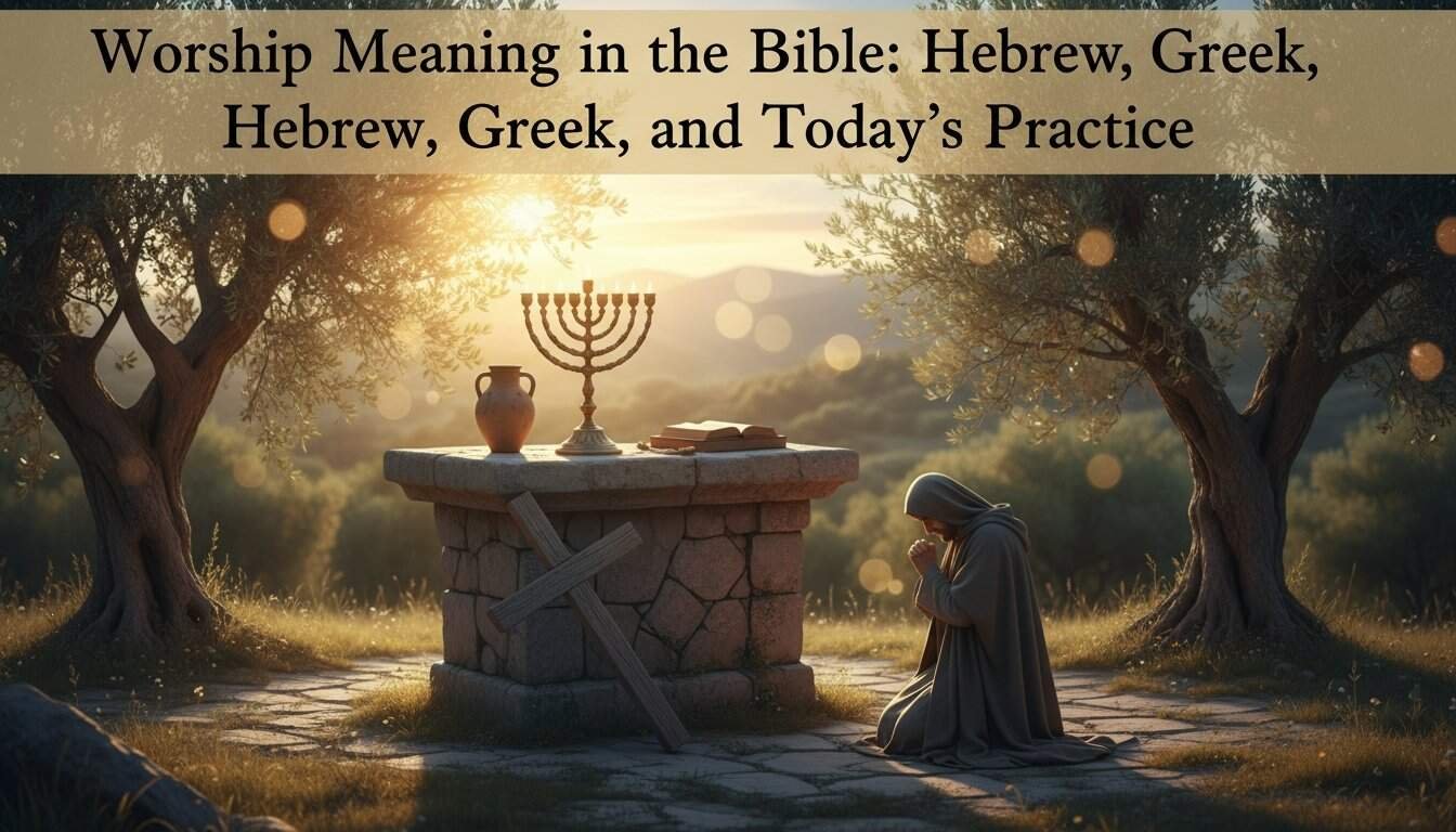 Biblical worship scene with woman praying, Bible, menorah, and cross at sunset for faith and prayer inspiration.