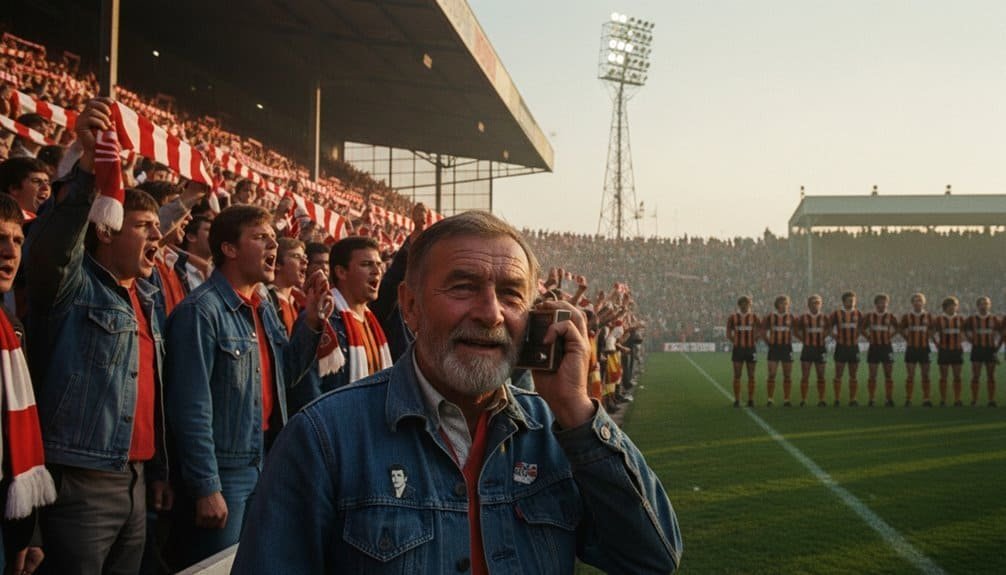 Vibrant stadium scene with passionate football fans, including an elderly man taking photos, highlighting support for teams with colorful jerseys and enthusiastic cheers during a live match.