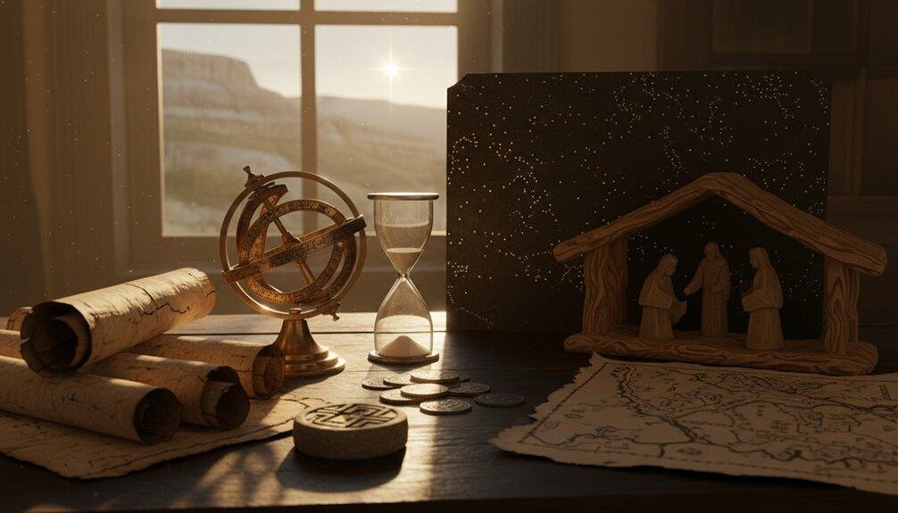 Ancient Bible artifacts with scrolls, sundial, nativity scene, and starry night sky background, inspire faith, devotion, and biblical storytelling for spiritual growth and biblical education.