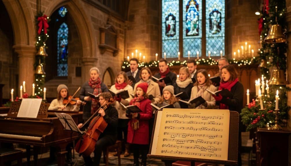 Elegant church choir singing Christmas carols with musical scores and candles in a decorated church.