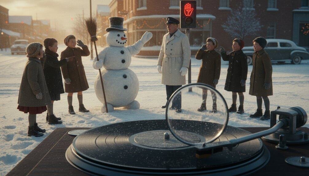 A group of children and a snowman enjoying a winter scene, with a vintage record player in the foreground and a snow-covered city street at sunset. Perfect for holiday, winter, and Christmas-themed content.