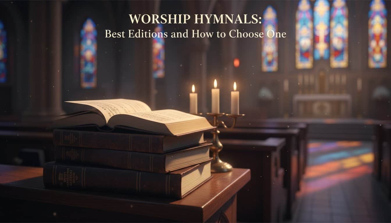 A church altar with open Bible, stacked prayer books, and lit candles in a beautiful stained glass church interior, perfect for Christian worship, spiritual songs, and hymn singing.