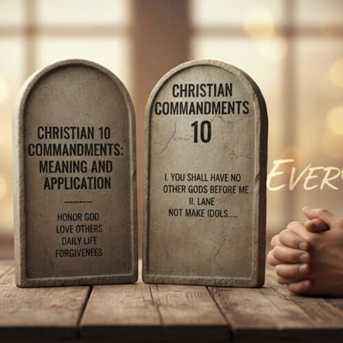 Image showing two stones engraved with Christian commandments on a wooden table with a praying person nearby, symbolizing faith, devotion, and daily spiritual practice.